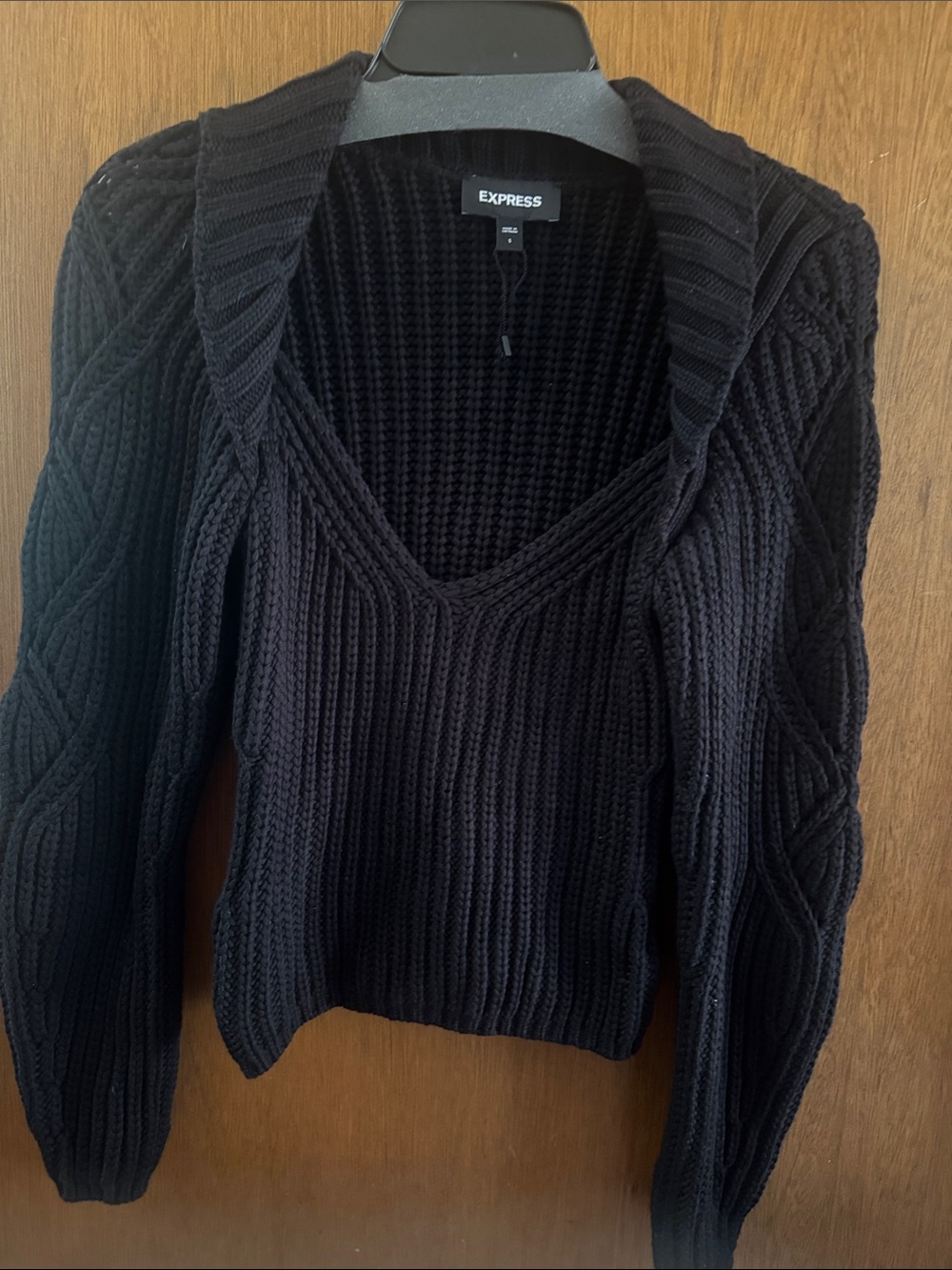 Express Black V-Neck Cable Knit Sweater with Shawl Collar